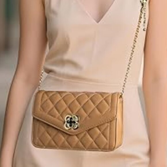 Neiman Marcus Clover Brown and Gold Quilted Leather Crossbody Bag - Picture 1 of 3